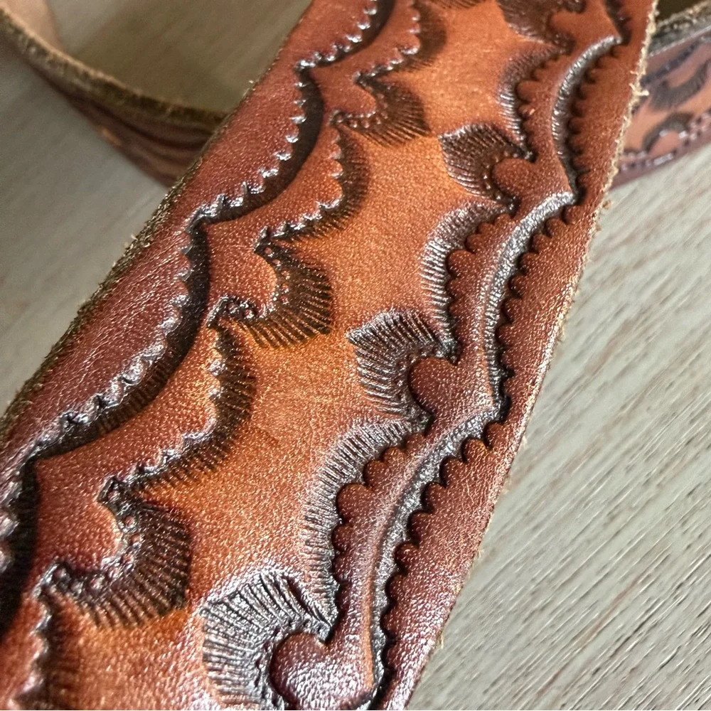 Western Tooled Brown Leather Cowboy Belt Size 45 Made In USA Scrollwork